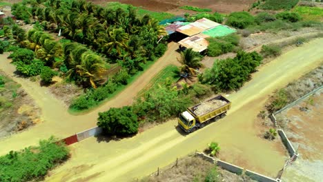 4k de inclinación cinematográfica aérea hacia abajo de un camión de basura amarillo lleno de tierra y basura conduciendo a través de tierras de cultivo rurales con bombas de viento en un camino de tierra durante un hermoso día soleado en el caribe, curacao