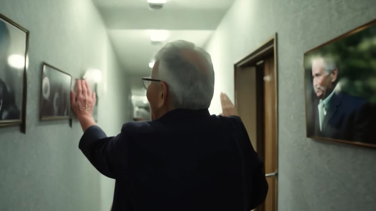 슈트를 입은 노인이 벽에 초상화가 있는 복도를 고 있다.