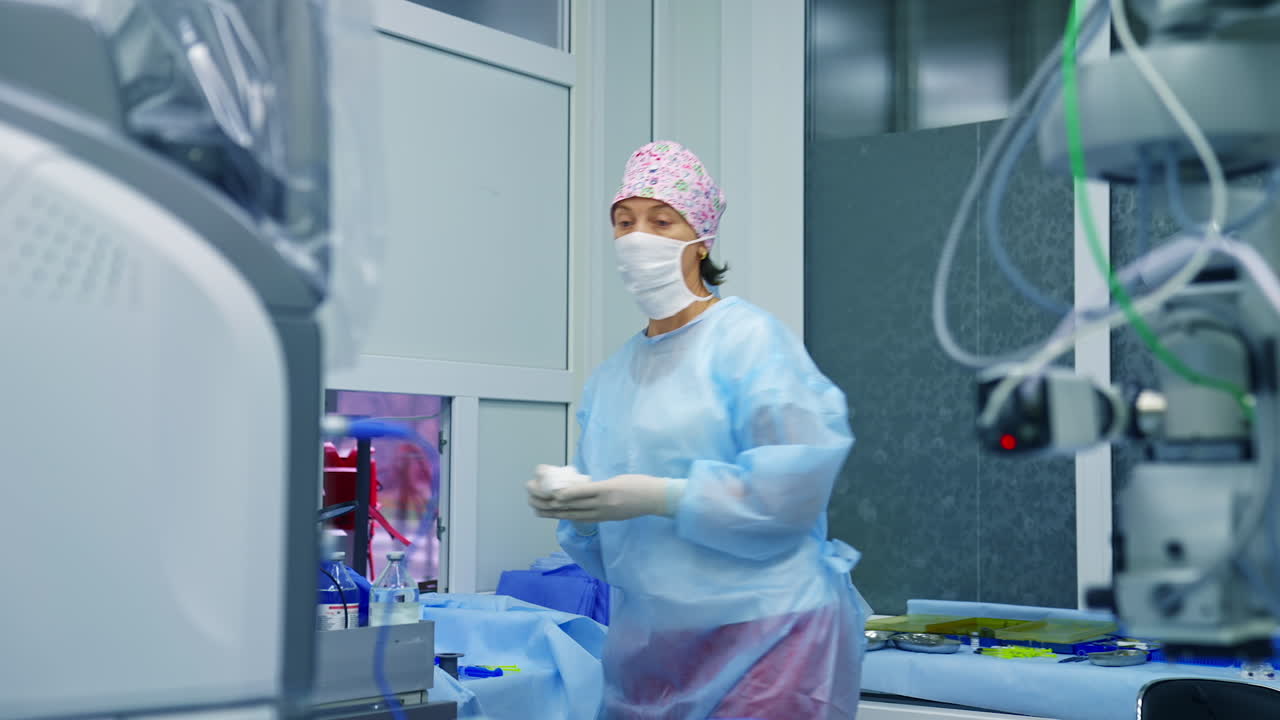 Preparación para cirugía ocular con láser. Quirófano de cirugía ocular en clínica médica.