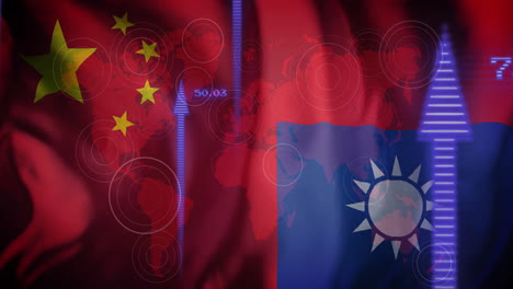 rising arrows and data points animation over flags of china and taiwan