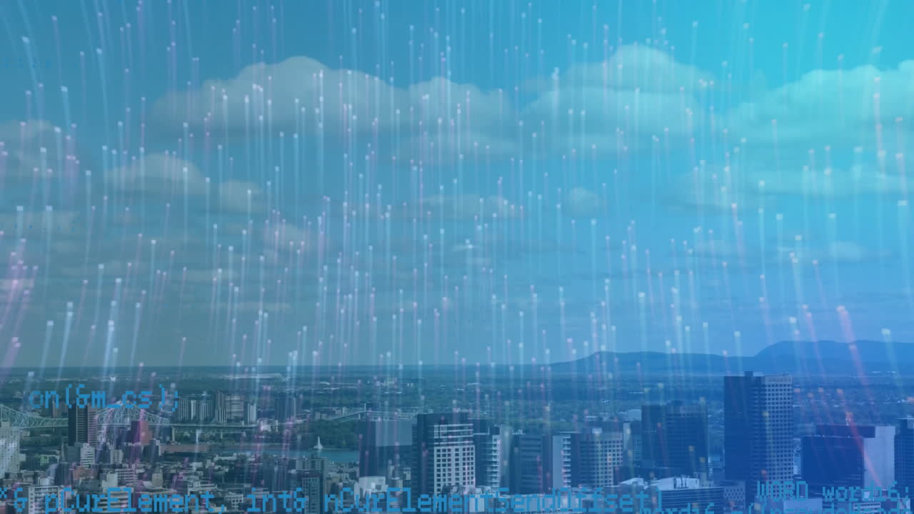 Computer code animation over cityscape with skyscrapers and mountains in background