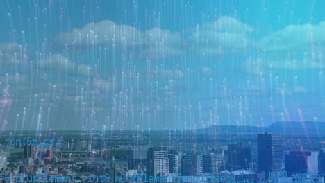 computer code animation over cityscape with skyscrapers and mountains in background