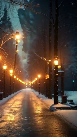 main street illuminated by vintage lamps in a snowy park at night