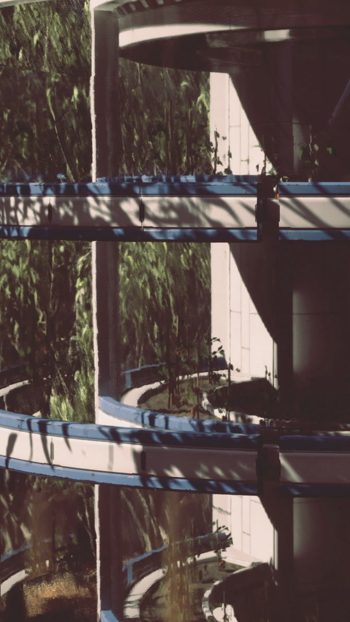 Urban greenery embraces modern architecture in a sunny afternoon scene