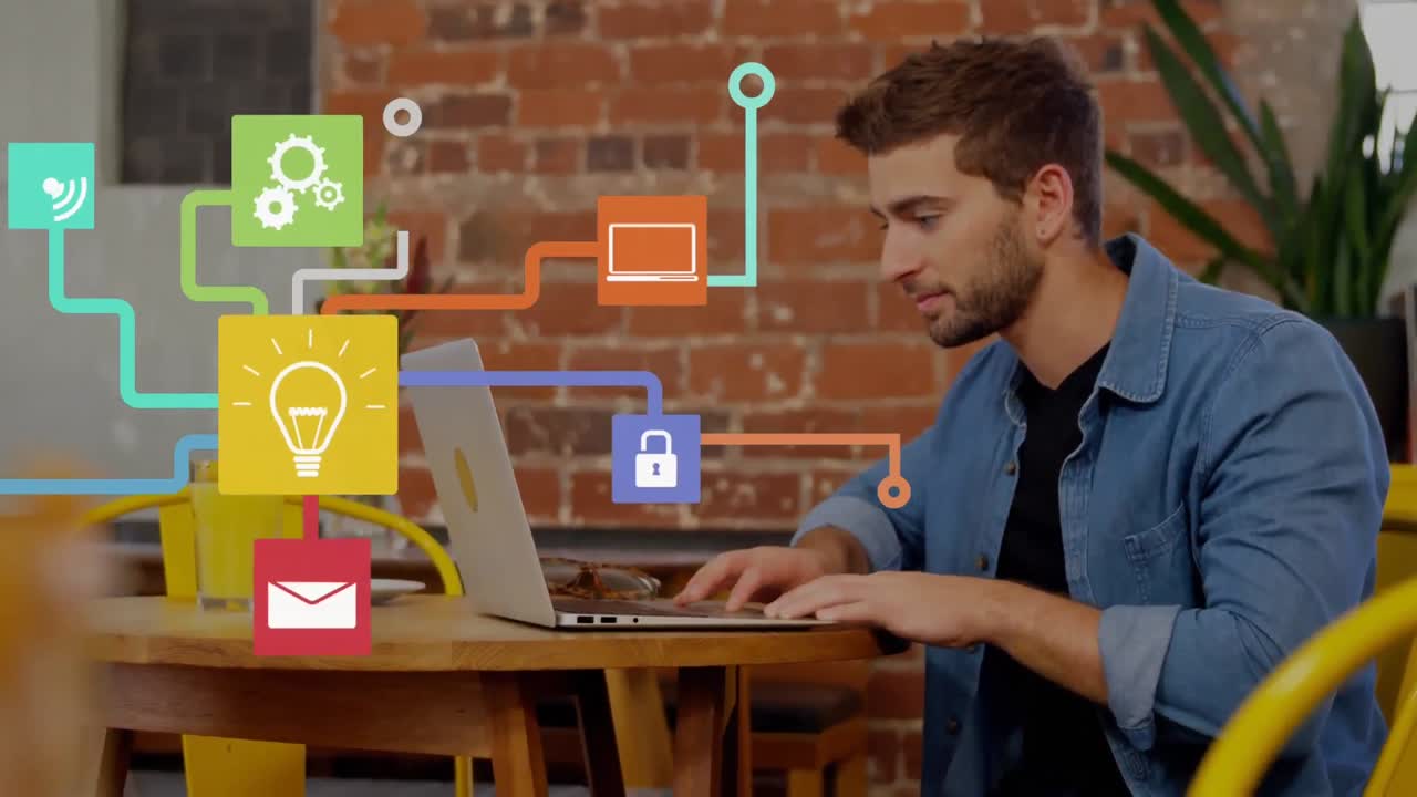 web de iconos de conexiones contra el hombre usando computadora portátil