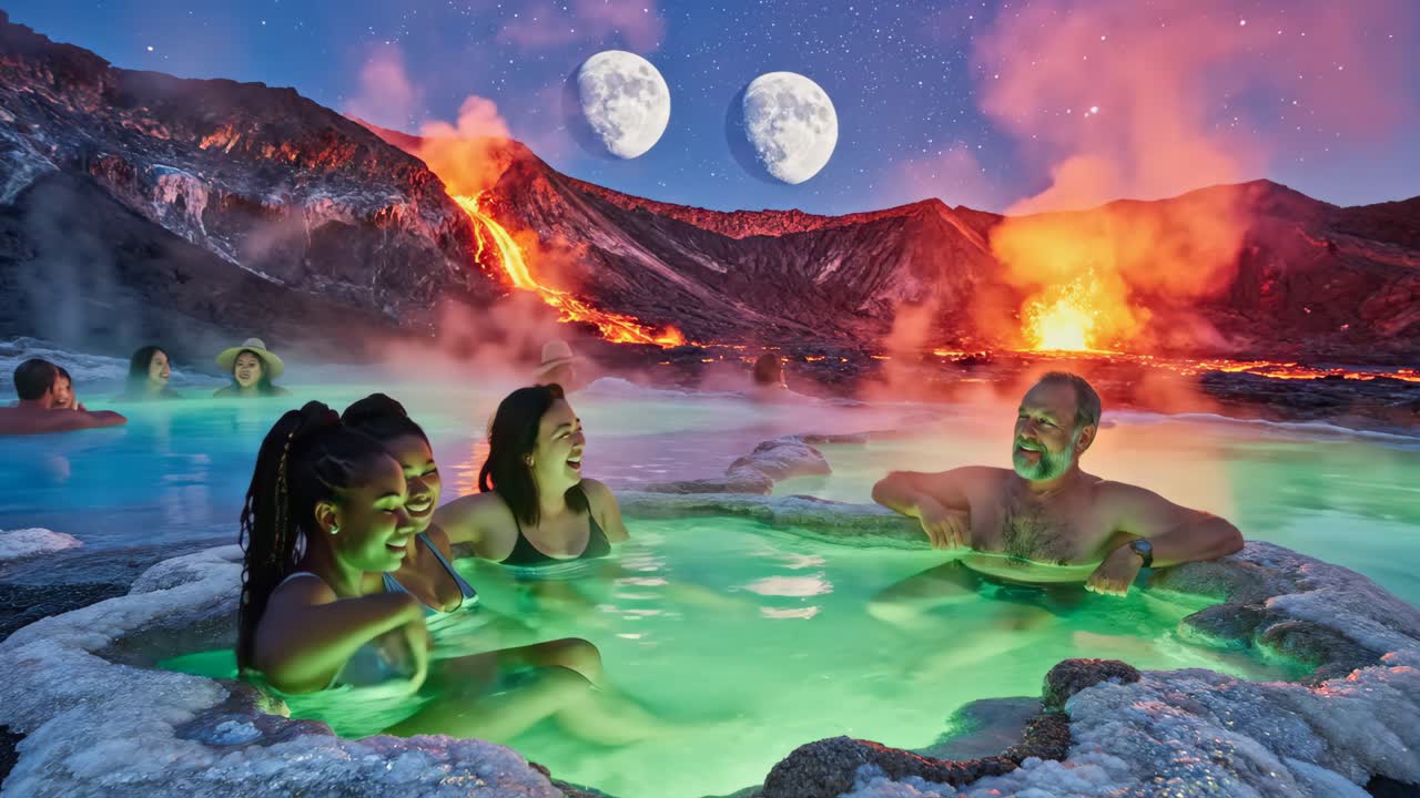 People relaxing in a geothermal hot spring at night under the moon and stars near an erupting volcano
