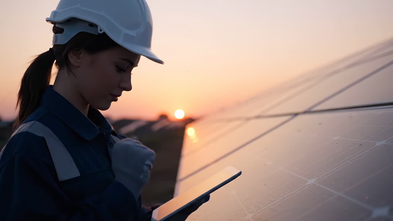 Female Engineer Inspecting Solar Panels at Sunset