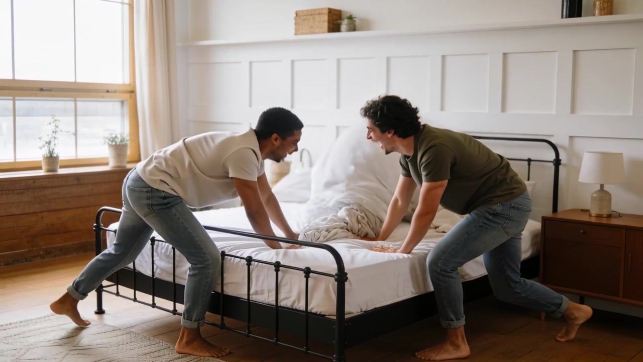 Dos hombres adultos levantan las esquinas de la sábana, tiran, sacuden y ajustan la ropa de cama en el dormitorio, haciendo la cama.