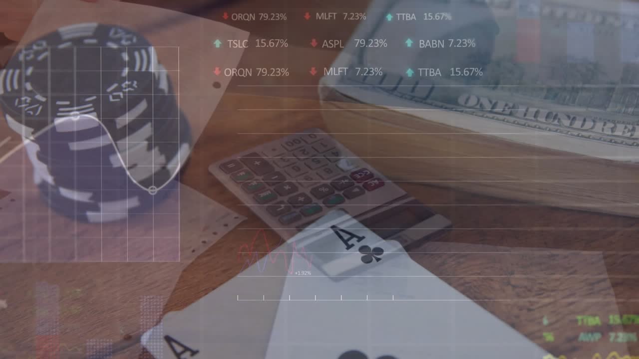 Se muestran datos financieros animados sobre documentos y una calculadora en un escritorio
