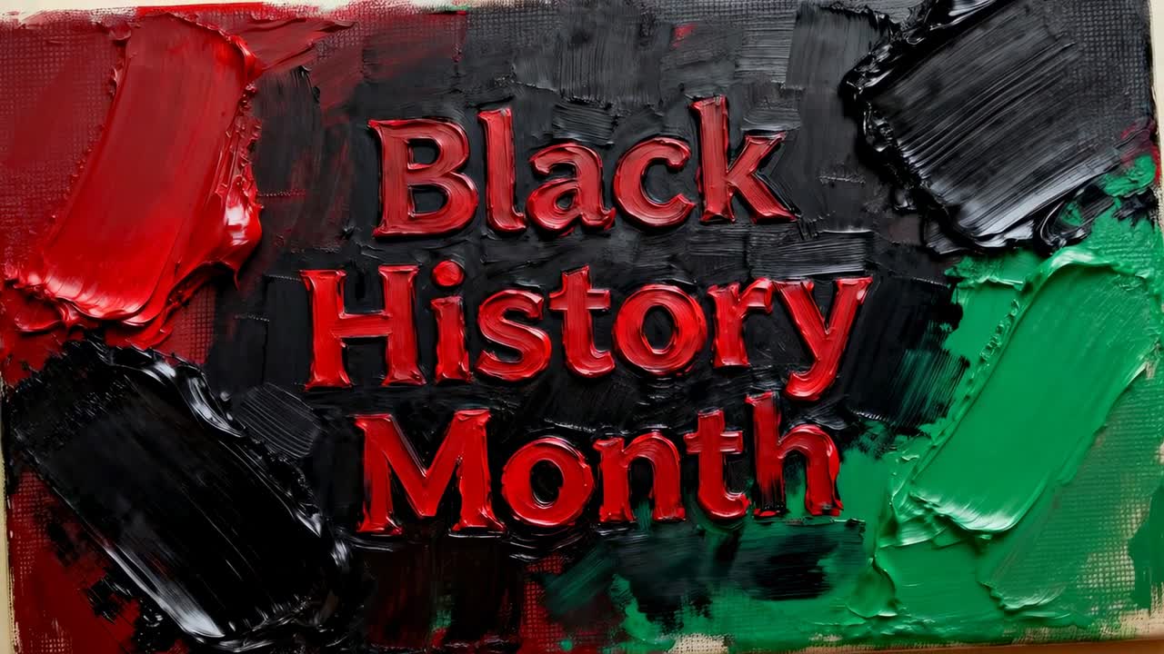 Showing canvas as camera shifting to reveal raised Black History Month lettering and knife textures