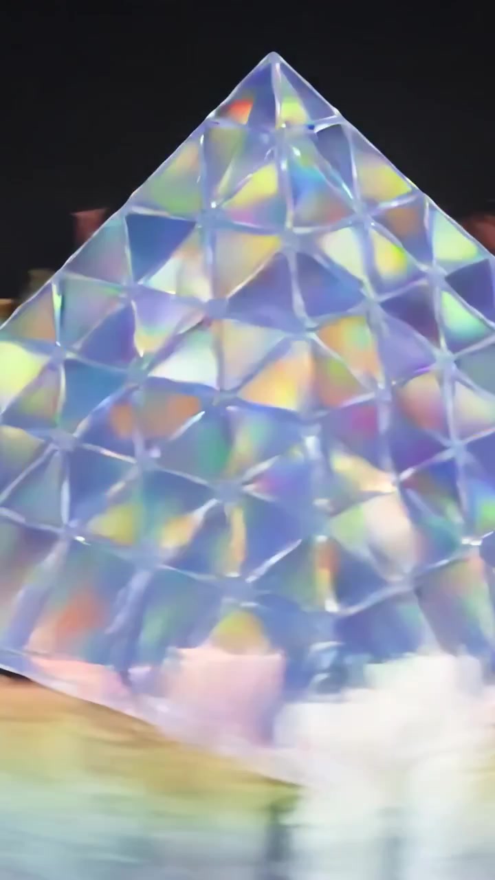 Video verticale: Mano che inclina e muove una piramide su una base lucida, sfondo scuro, sfaccettature arcobaleno che si scompongono