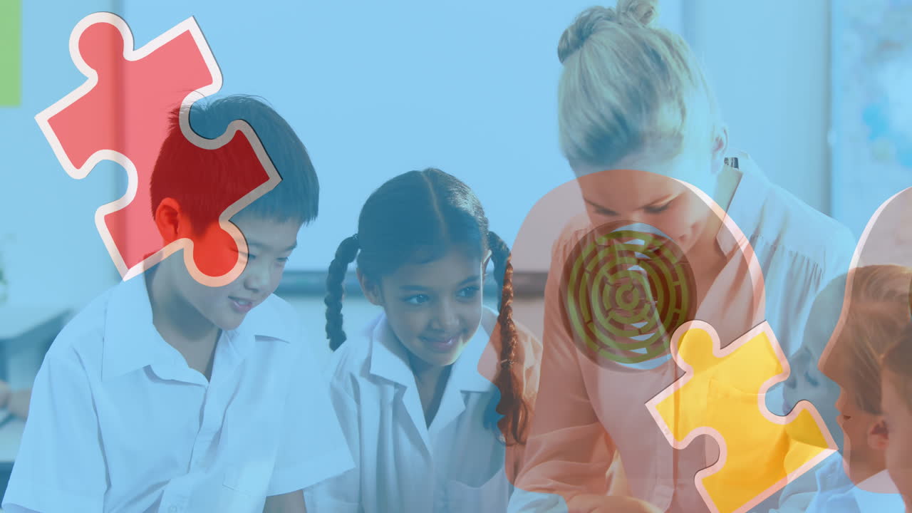 다양한 학교 아이들과 교사들에 대한 퍼즐 조각의 애니메이션