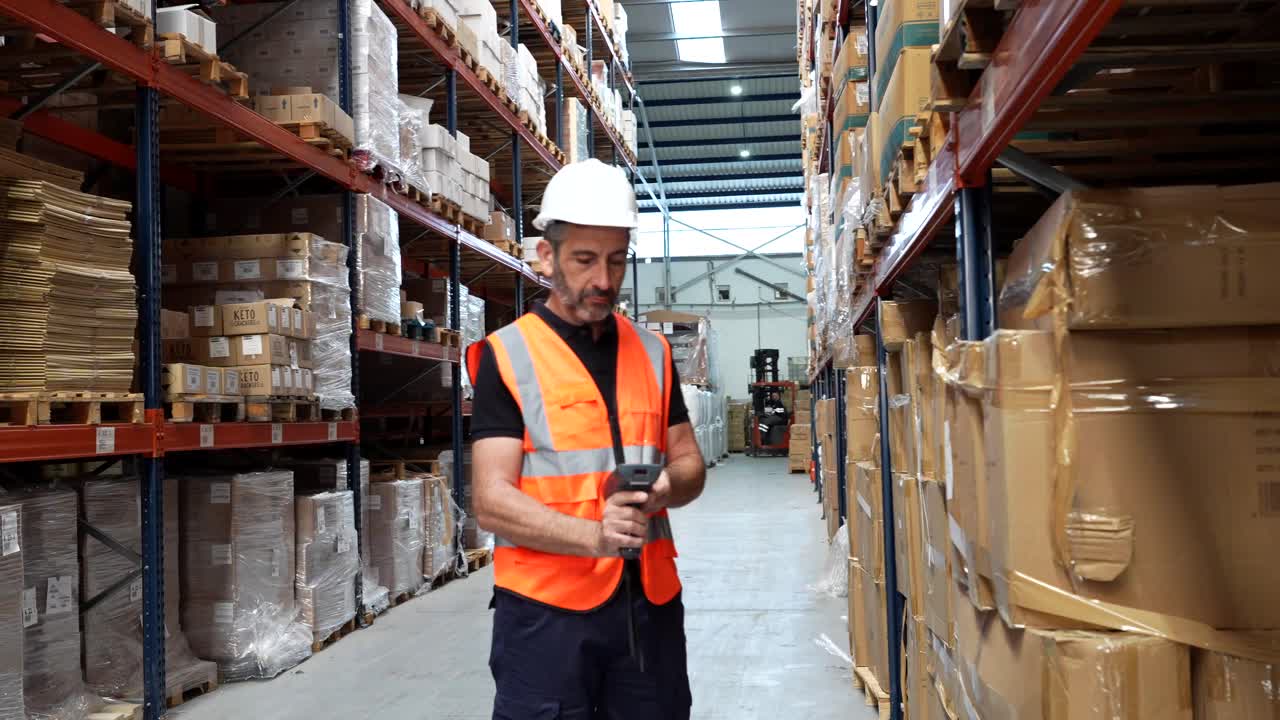 Magazziniere che controlla l'inventario con uno scanner di codici a barre