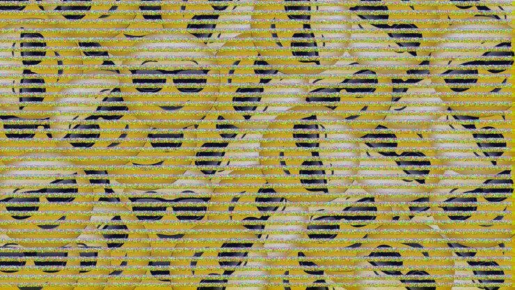 Digital animation of tv static effect against multiple face wearing sunglasses falling