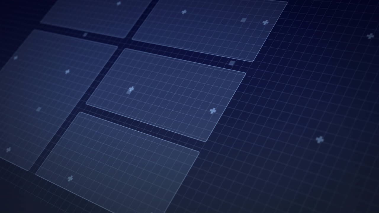 Camera panning, data feed arriving, glass HUD panels and dials updating, showing live data