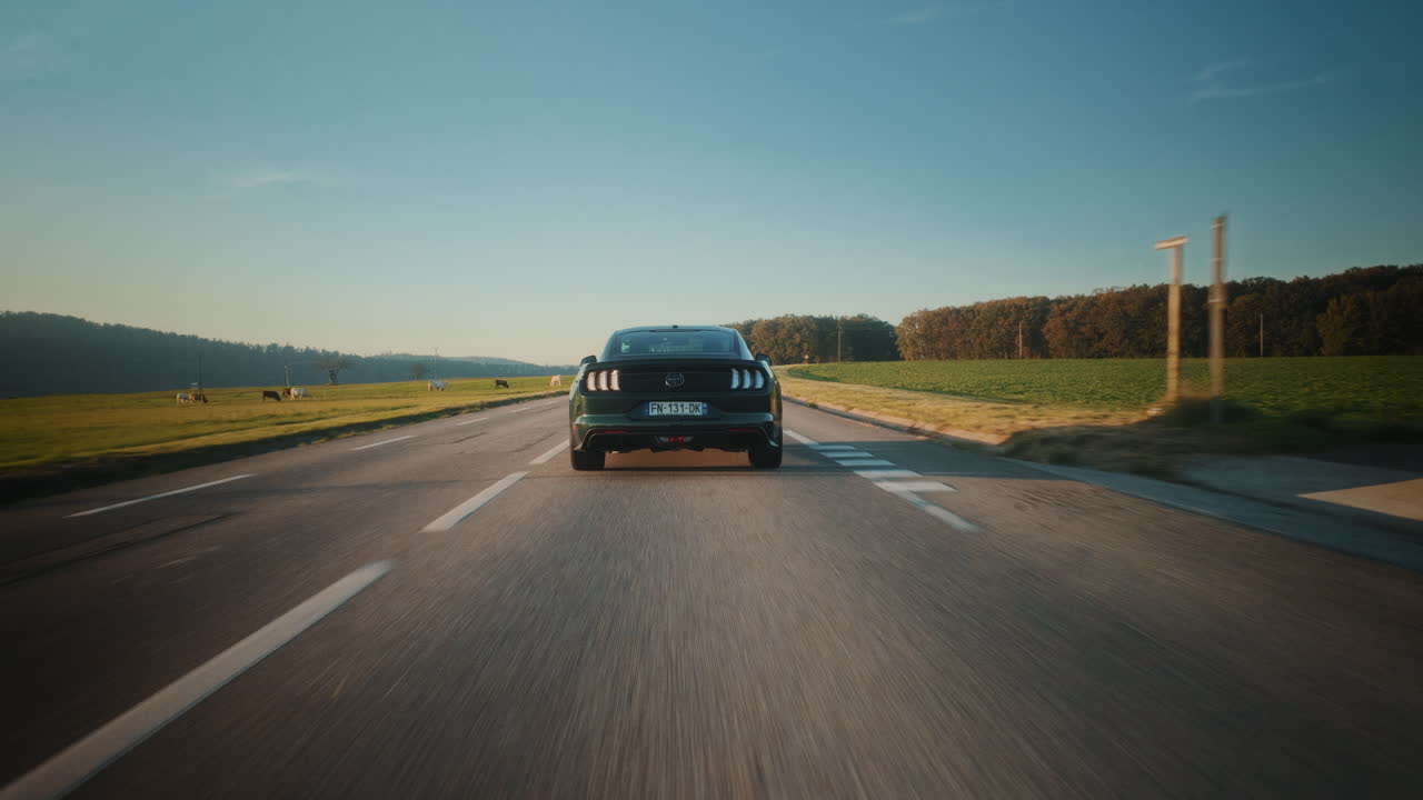 Green Mustang driving on a highway at sunset