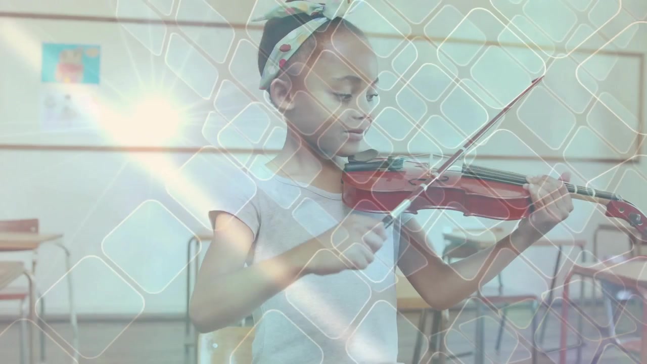 Girl lifting bow, positioning violin, practicing music scales in classroom under geometric overlay