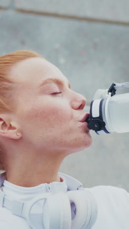 a determined athlete taking a refreshing sip from a water bottle, energizing herself for the next workout, showcasing a moment of focus and hydration