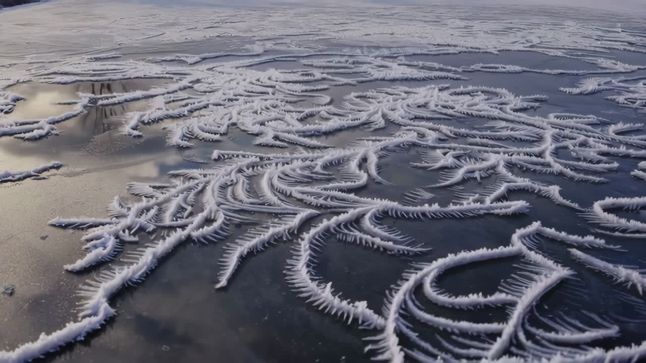 Frozen Lake with Frost Patterns and Rural Landscape