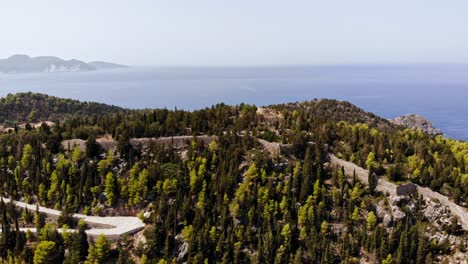 Venetian-Castle-Ruins-near-Assos-village-in-Kefalonia-Cephalonia-island-in-Greece---aerial-drone-shot