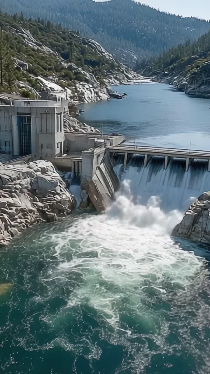 A Breathtaking View of the Hydroelectric Dam Harnessing Nature's Power with Dramatic Water Flow and Scenic Surroundings in a Mountainous Landscape