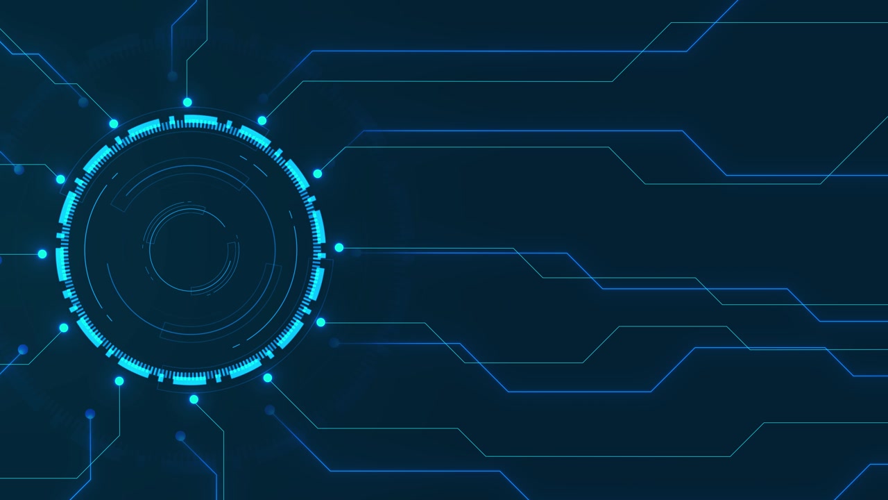 Left side hud circuit visual with glowing blue ring extended digital routes and clean dark area for