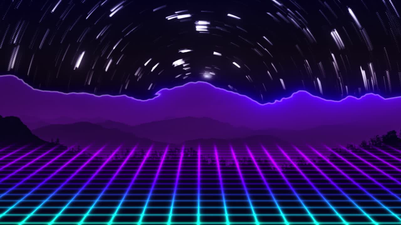 Paesaggio retro-futuristico con griglia al neon