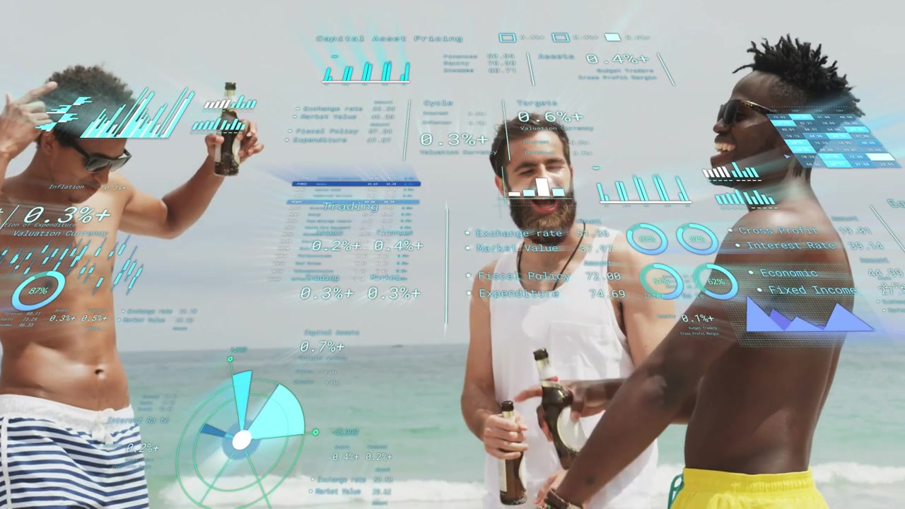 Three men reacting to beat, celebrating by raising bottles by sea, tech HUD tracking gestures