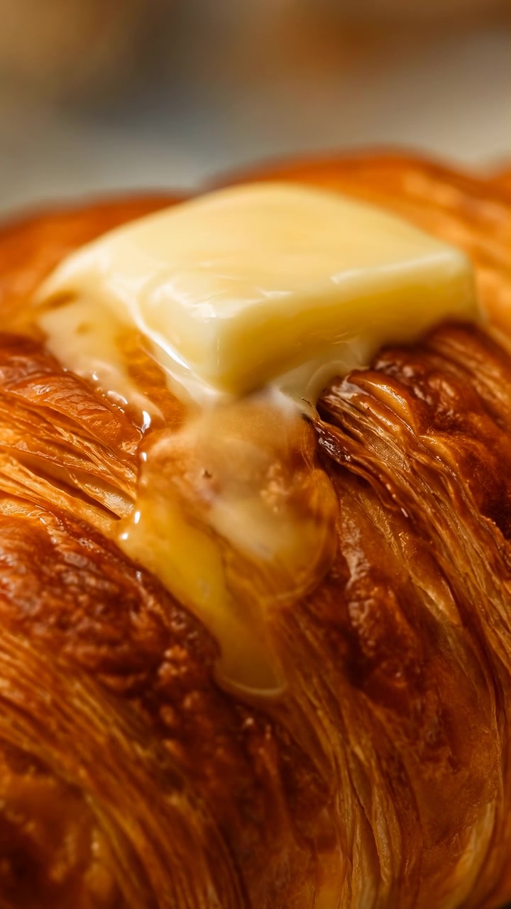 Pat of butter softens into translucent liquid, flowing through crisp croissant layers, pooling in glossy streaks, and enhancing warm golden highlights across freshly baked pastry surface