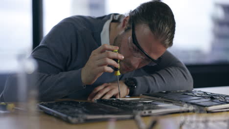Hardware, maintenance and laptop with man