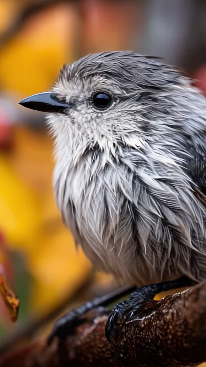 A Close-Up of a Beautiful Bird Perched on a Branch Surrounded by Vibrant Fall Foliage, Captured in Nature's Splendor with a Blurred Background