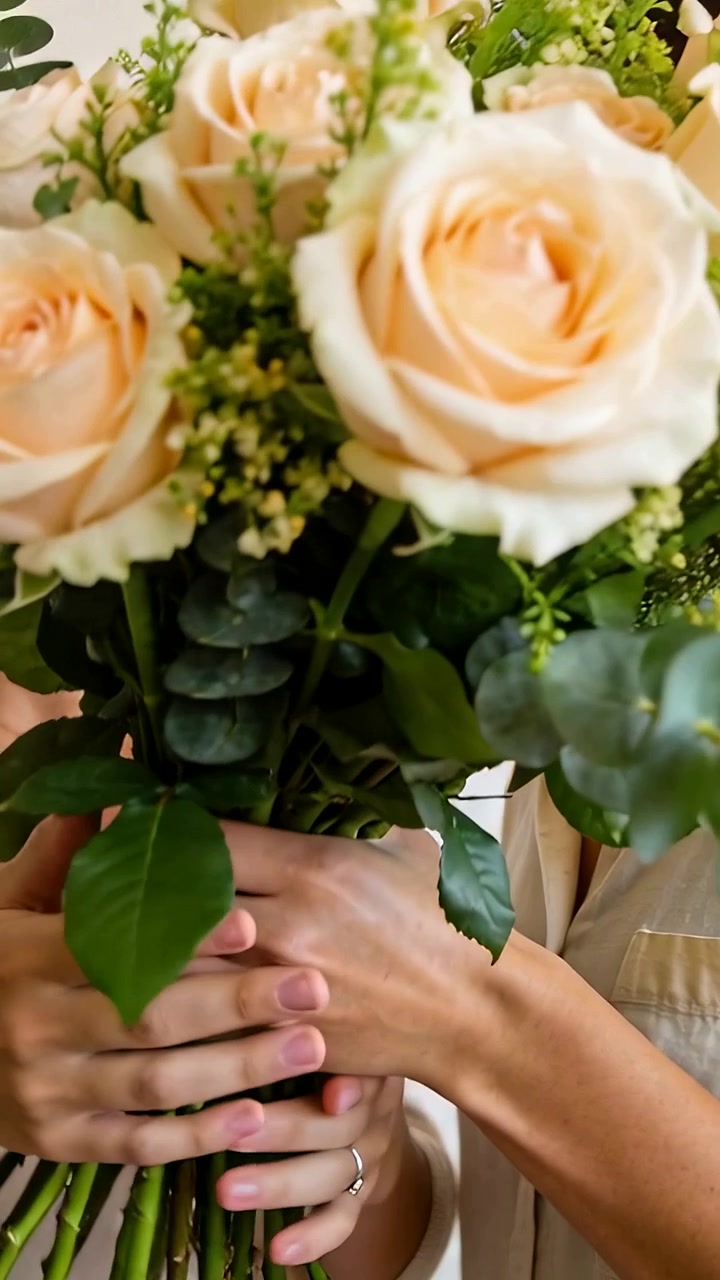 Video verticale: Donna con top chiaro che dà un bouquet di rose a casa, la destinataria che tocca l'anello