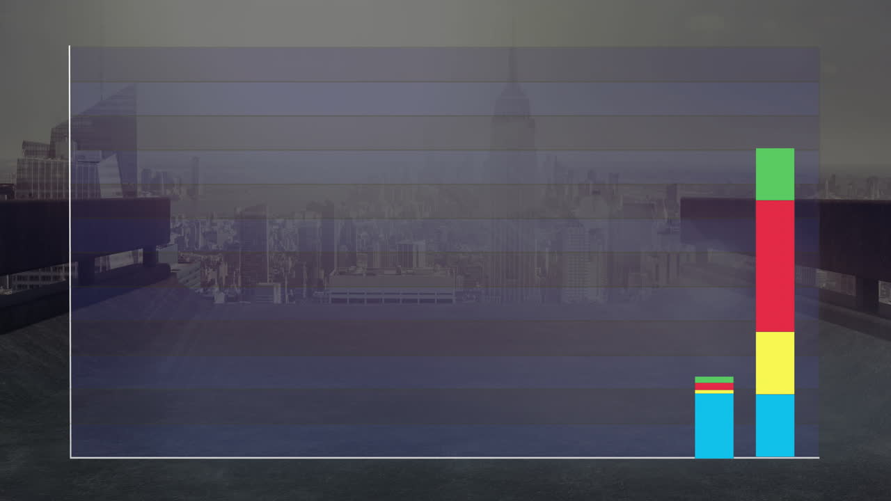 In school, animation of colorful bar chart over cityscape background