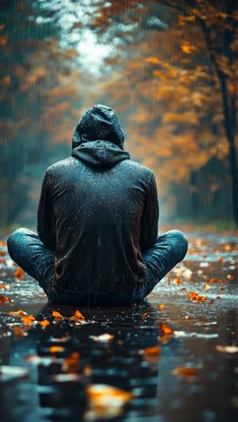 person sitting in the rain on a quiet path with autumn leaves