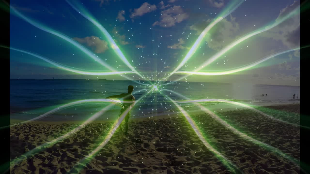 man holding skimboard on beach, showing green light streaks with particles for technology