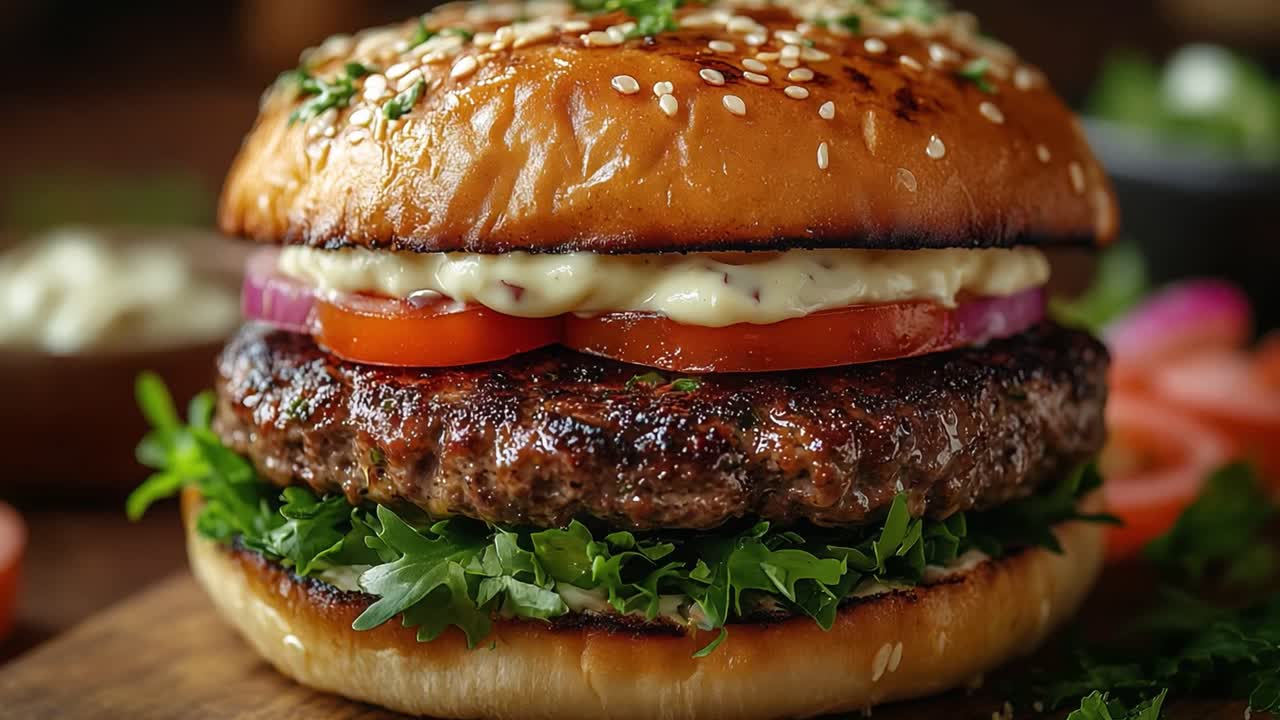 un primer plano de una deliciosa hamburguesa.