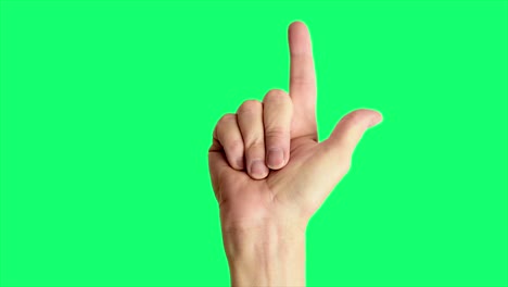 Close-up-shot-of-a-male-hand-pointing-upwards,-against-a-greenscreen-background-ideal-for-chroma-keying