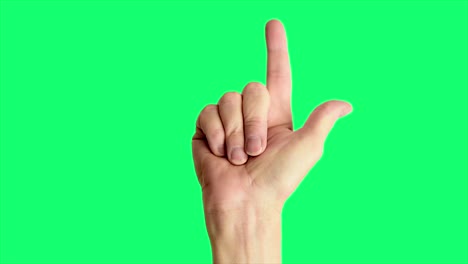 close up shot of a male hand pointing upwards, against a greenscreen background ideal for chroma keying