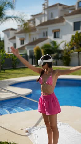 teenager with vr headset by a swimming pool