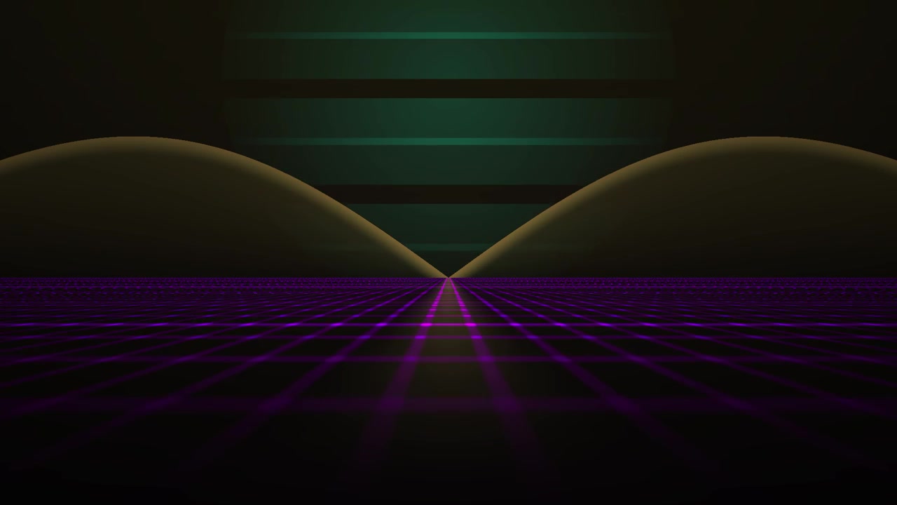Paesaggio a griglia retro synthwave astratto con orizzonte luminoso