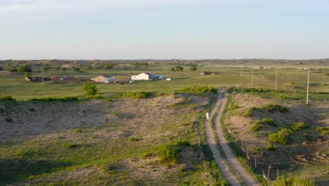 Solo-person-walks-along-dirt-road-path-cutting-through-Mongolian-grassland,-nomadic-tent-behind