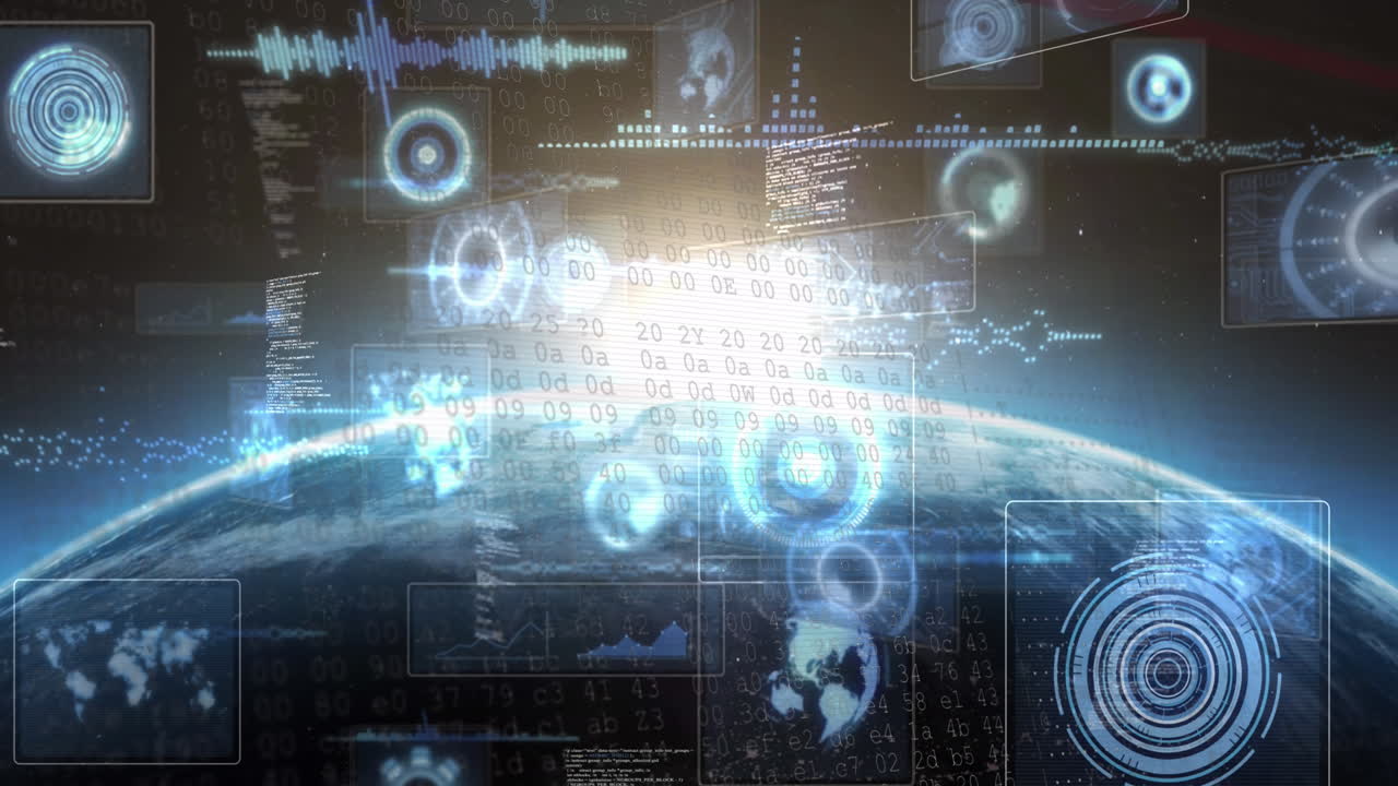 지구를 스캔하는 스크린과 스 ⁇ 에서 데이터 처리의 애니메이션