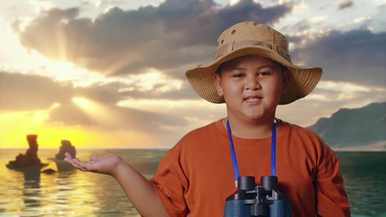 Anak Laki-Laki Asia Memakai Topi Dan Teropong Tersenyum Dan Menunjuk Ke Samping Di Pantai. Anak Laki-Laki Peneliti Memeriksa Sesuatu, Konsep Petualangan Pariwisata Perjalanan, Close Up