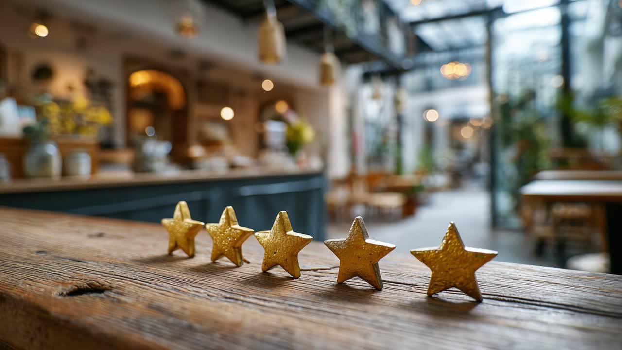 A Charming Display of Golden Stars on a Rustic Wooden Table, Highlighting the Inviting Atmosphere of a Cozy Café Setting with Warm Lighting and Lively Background Activity