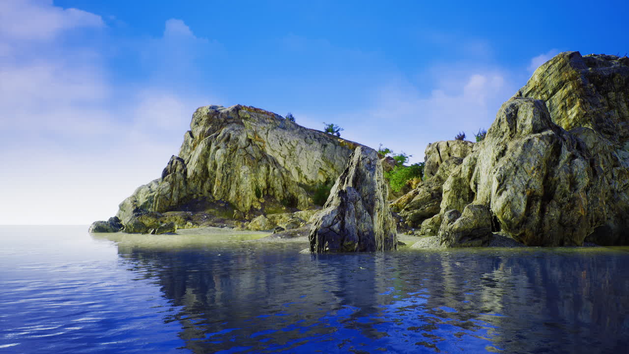 Rocky coastal landscape with calm waters and clear blue skies
