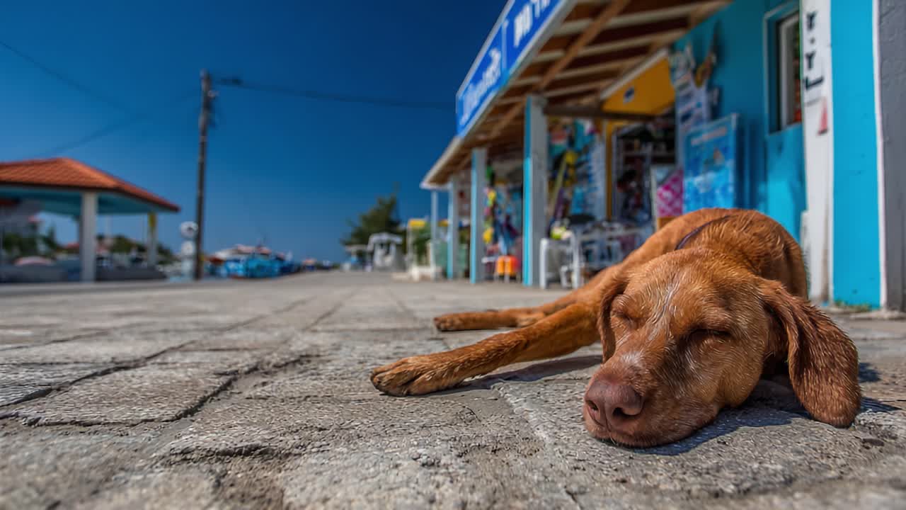 Relaxed Dog Enjoying a Sunny Day on the Pavement in a Vibrant Beachside Setting with Shops and Clear Blue Skies