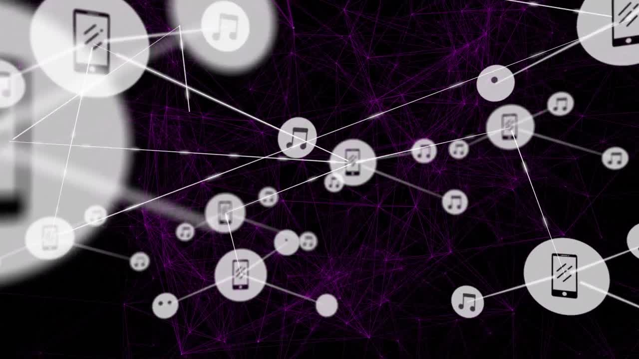 animación de líneas púrpuras y blancas que conectan puntos con iconos móviles y musicales en la interfaz digital