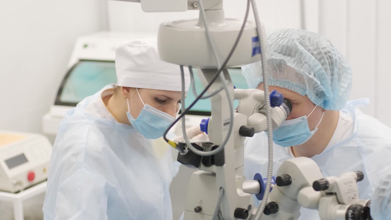 Surgery team making strabismus surgery using modern technologies, latest devices, microscope in modern clinic