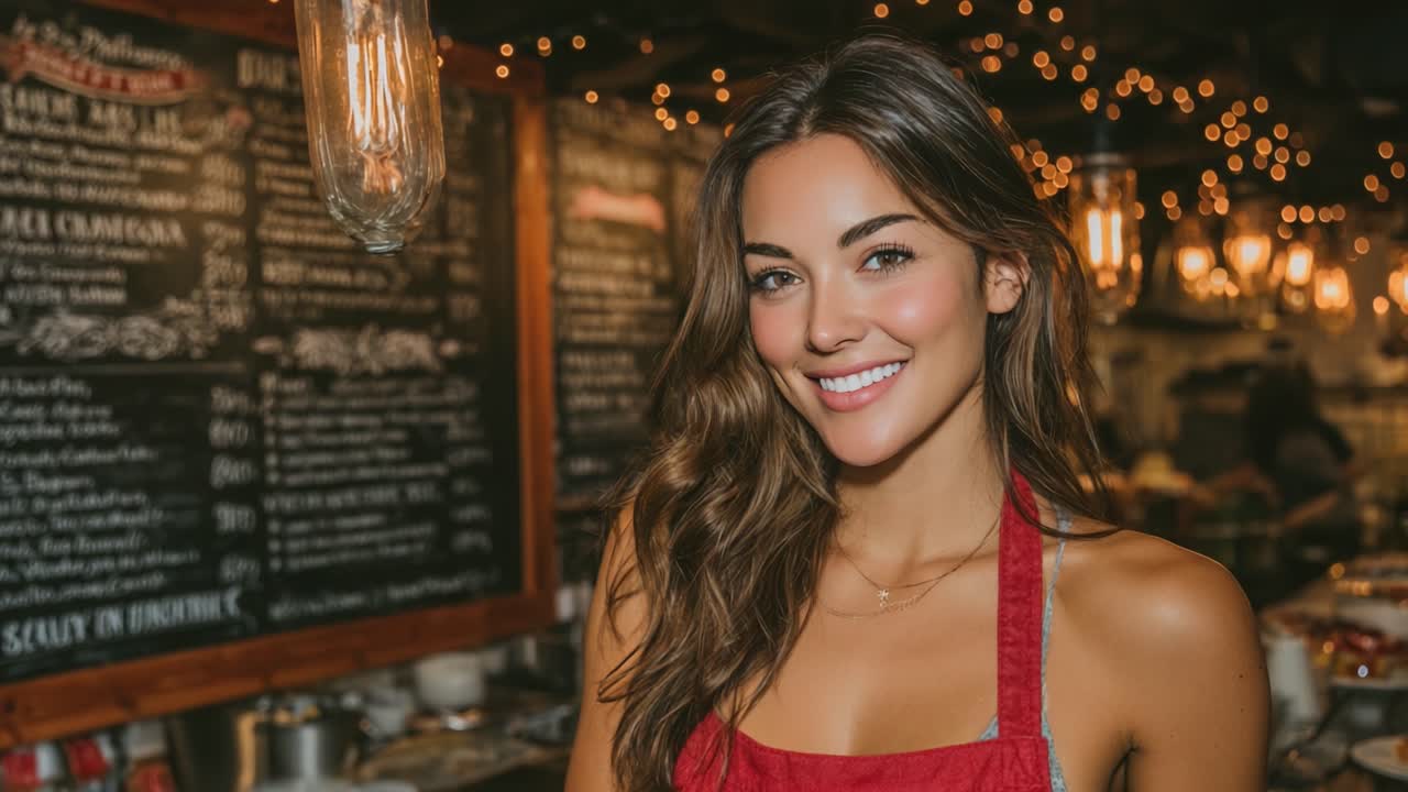Charming Smiles Amidst Culinary Delights: A Vibrant Hostess Illuminates the Kitchen with Her Warmth and Enthusiasm in a Cozy Dining Atmosphere