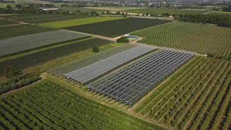 Panoramic-Aerial-View-Of-Agrivoltaics-Solar-Panels-On-Large-Rural-Plantation-In-Grafschaft,-Germany